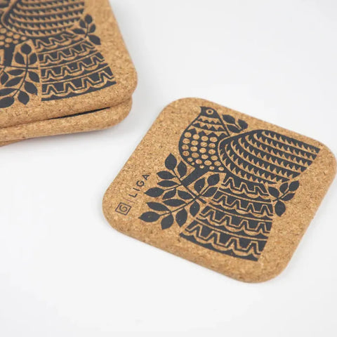 Naturally Harvested Cork Drinks Coasters - Peacock [x4]