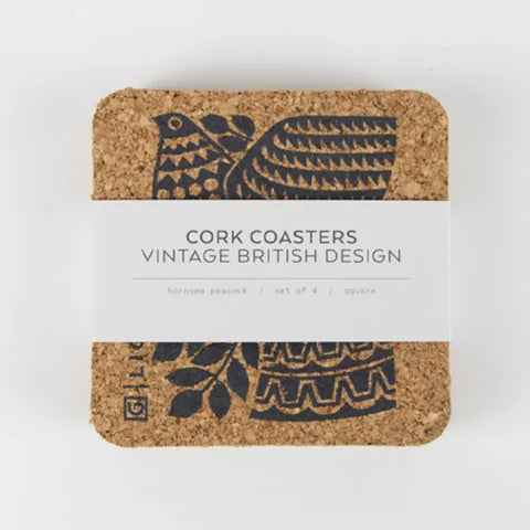 Naturally Harvested Cork Drinks Coasters - Peacock [x4]